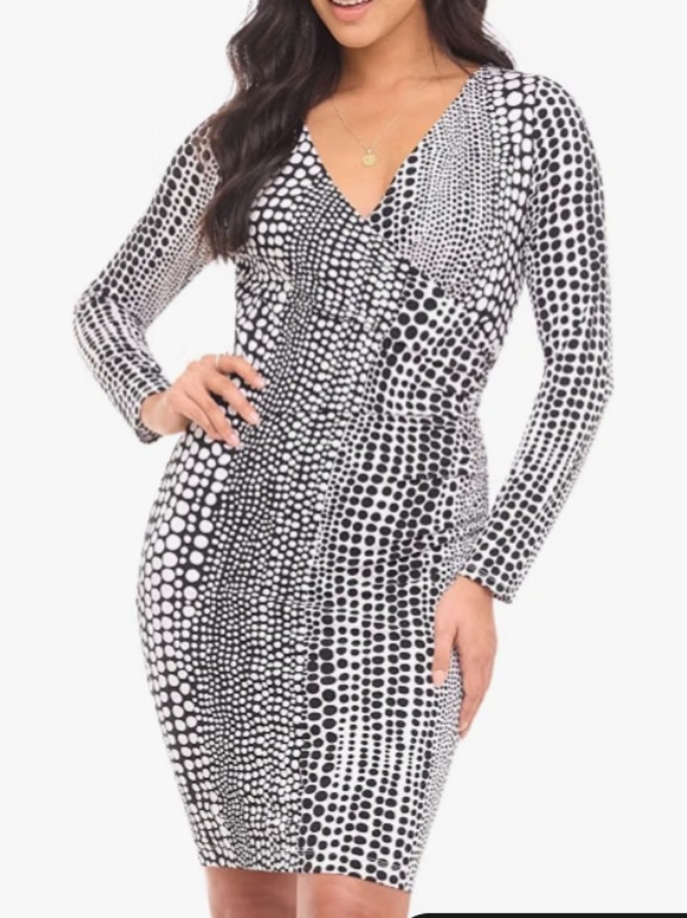 Black & White Dot-Print V-Neck Long Sleeve Dress